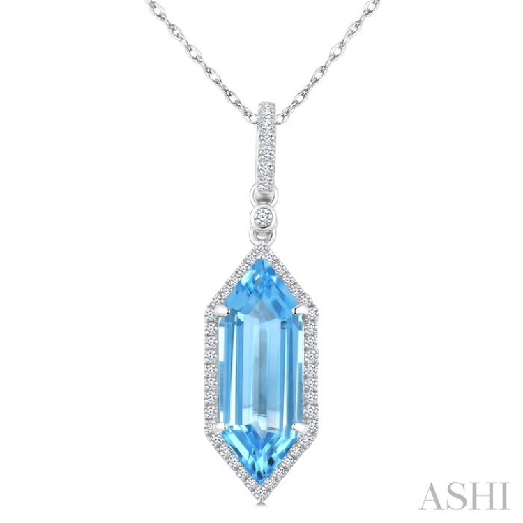 16X6 MM Evoque Gemstones Hexagon Shape Blue Topaz and 1/5 Ctw Round Cut Diamond Semi-Precious Pendant With Chain in 10K White Gold