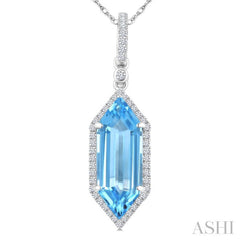 16X6 MM Evoque Gemstones Hexagon Shape Blue Topaz and 1/5 Ctw Round Cut Diamond Semi-Precious Pendant With Chain in 10K White Gold