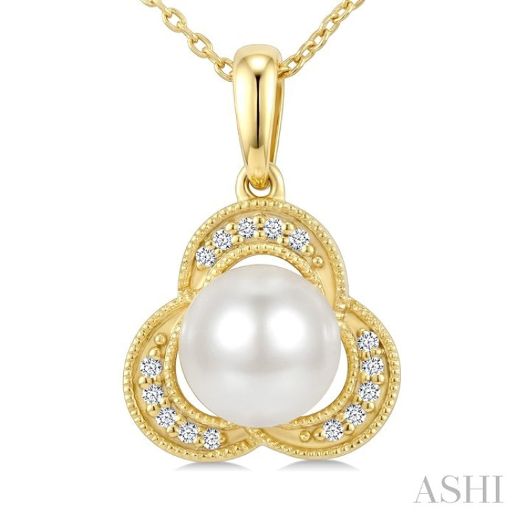 7 MM White Cultured Pearl and 1/20 Ctw Round Cut Diamond Fashion Pendant With Chain in 10K Yellow Gold