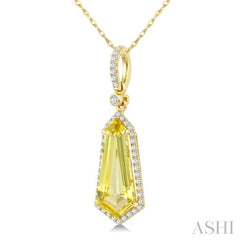 16X7 MM Evoque Gemstones Shield Shape Lemon Quartz and 1/5 Ctw Round Cut Diamond Semi-Precious Pendant With Chain in 10K Yellow Gold