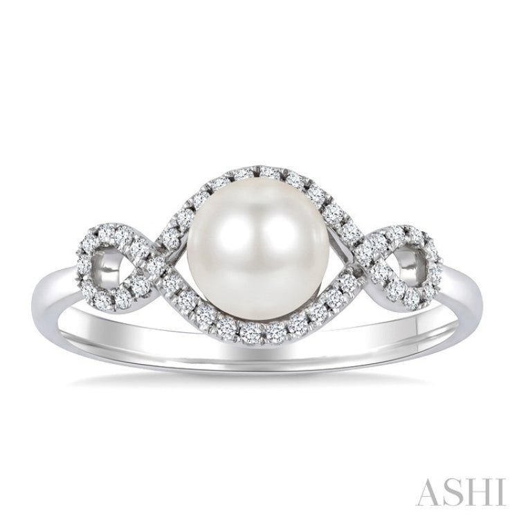 6 MM Cultured Pearl and 1/6 Ctw Round Cut Diamond  Petite Halo Ring in 10K White Gold