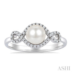 6 MM Cultured Pearl and 1/6 Ctw Round Cut Diamond  Petite Halo Ring in 10K White Gold