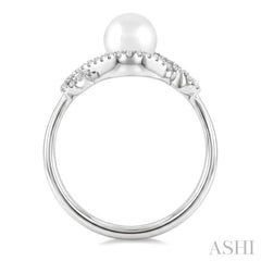6 MM Cultured Pearl and 1/6 Ctw Round Cut Diamond  Petite Halo Ring in 10K White Gold