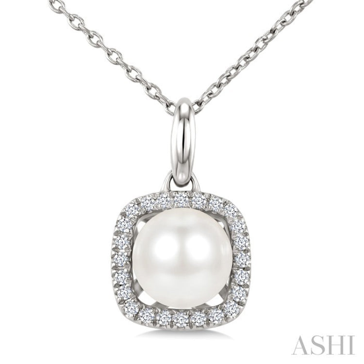 6 MM Cultured Pearl and 1/10 Ctw Round Cut Diamond Petite Cushion Shaped Fashion Pendant With Chain in 10K White Gold