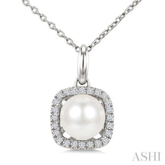6 MM Cultured Pearl and 1/10 Ctw Round Cut Diamond Petite Cushion Shaped Fashion Pendant With Chain in 10K White Gold