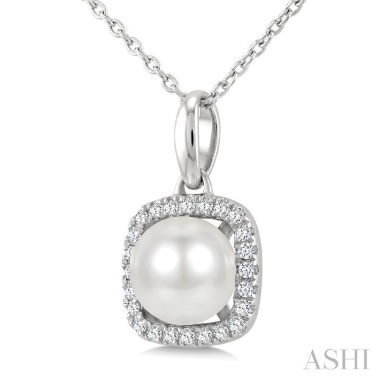 6 MM Cultured Pearl and 1/10 Ctw Round Cut Diamond Petite Cushion Shaped Fashion Pendant With Chain in 10K White Gold