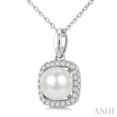 6 MM Cultured Pearl and 1/10 Ctw Round Cut Diamond Petite Cushion Shaped Fashion Pendant With Chain in 10K White Gold