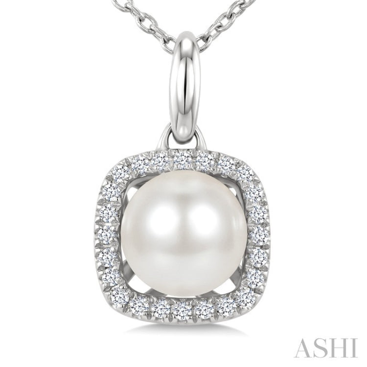 6 MM Cultured Pearl and 1/10 Ctw Round Cut Diamond Petite Cushion Shaped Fashion Pendant With Chain in 10K White Gold