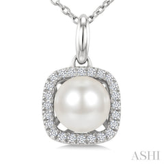 6 MM Cultured Pearl and 1/10 Ctw Round Cut Diamond Petite Cushion Shaped Fashion Pendant With Chain in 10K White Gold