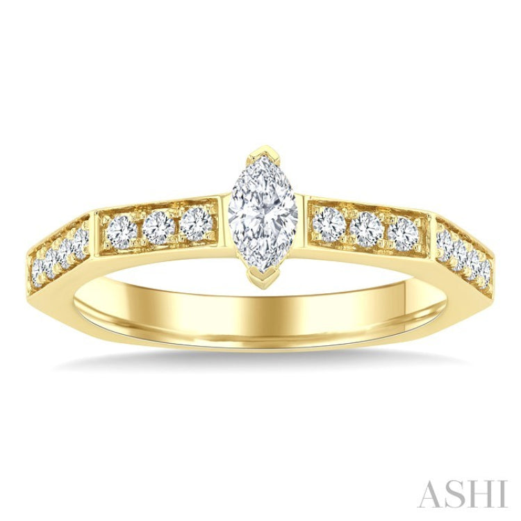 3/8 Ctw Hexagon Shank Marquise and Round Cut Diamond Fashion Ring in 14K Yellow Gold