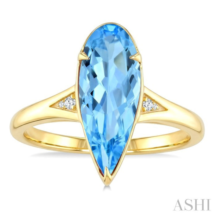 16X6 MM Evoque Gemstones Pear Shape Blue Topaz and 1/50 Ctw Round Cut Diamond Semi-Precious Ring in 10K Yellow Gold