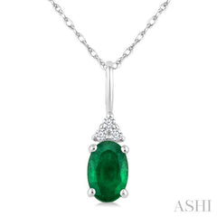 1/50 Ctw Oval Cut 6X4 MM Emerald and Round Cut Diamond Precious Pendant With Chain in 10K White Gold