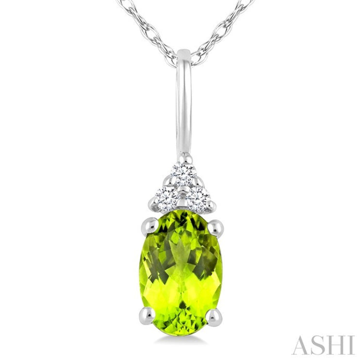 1/50 Ctw Oval Cut 6X4 MM Peridot and Round Cut Diamond Semi-Precious Pendant With Chain in 10K White Gold