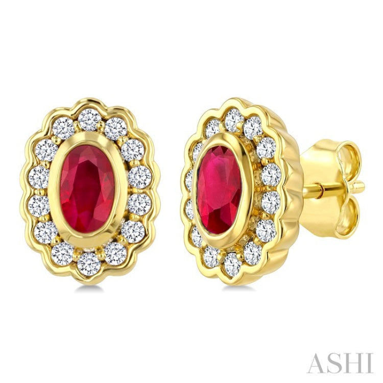 5X3 MM Oval Shape Ruby and 1/5 Ctw Round Cut Diamond Bold Precious Earrings in 10K Yellow Gold