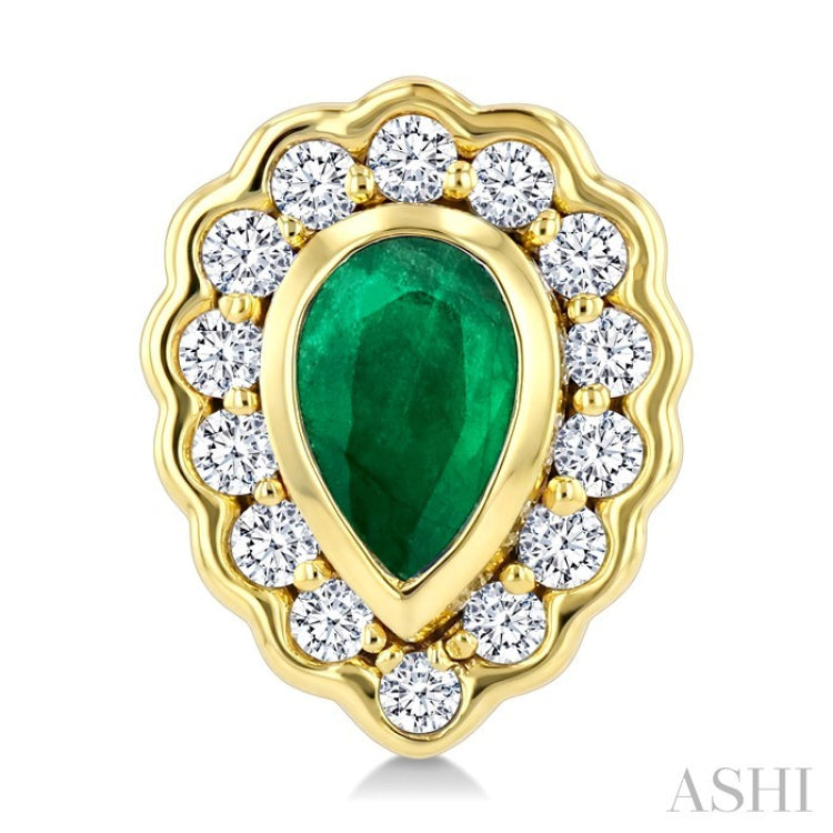 5X3 MM Pear Shape Emerald and 1/5 Ctw Round Cut Diamond Bold Precious Earrings in 10K Yellow Gold