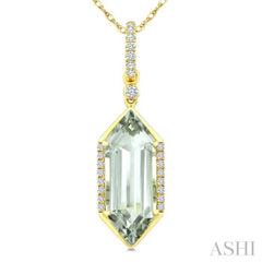 16X6 MM Evoque Gemstone Hexagon Shape Green Amethyst and 1/10 Ctw Round Cut Diamond Semi-Precious Pendant With Chain in 10K Yellow Gold