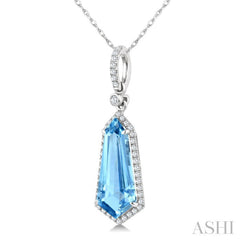 16X7 MM Evoque Gemstones Shield Shape Blue Topaz and 1/5 Ctw Round Cut Diamond Semi-Precious Pendant With Chain in 10K White Gold