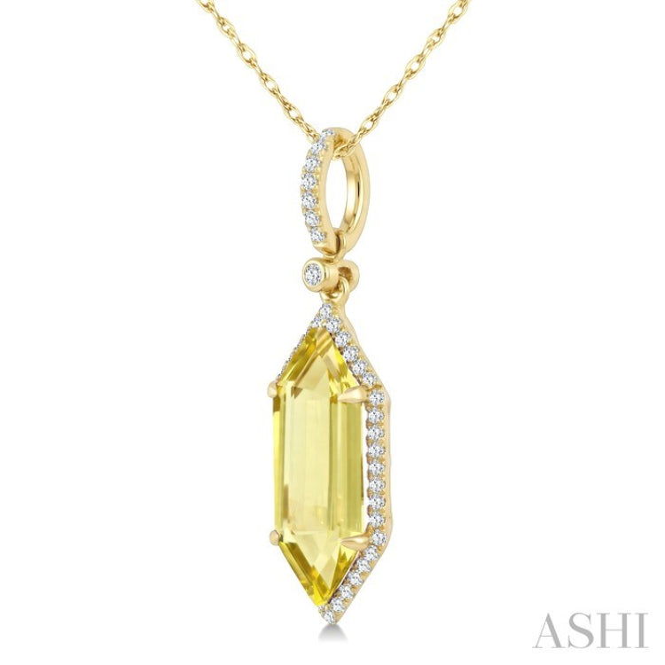 16X6 MM Evoque Gemstones Hexagon Shape Lemon Quartz and 1/5 Ctw Round Cut Diamond Semi-Precious Pendant With Chain in 10K Yellow Gold