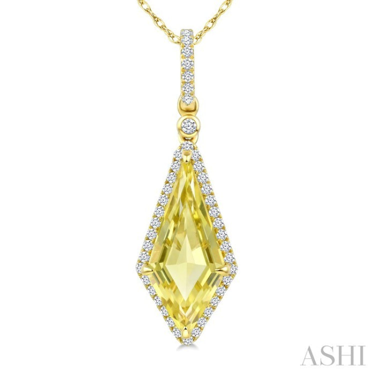 16X7 MM Evoque Gemstones Kite Shape Lemon Quartz and 1/5 Ctw Round Cut Diamond Semi-Precious Pendant With Chain in 10K Yellow Gold