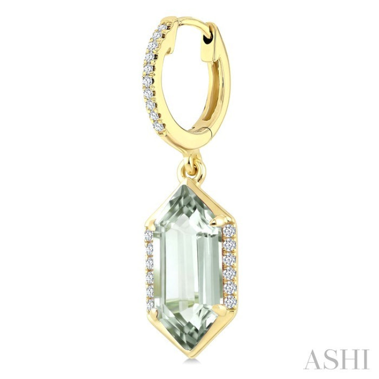 12X5 MM Evoque Gemstones Hexagon Shape Green Amethyst and 1/5 Ctw Round Cut Diamond Semi-Precious Earrings in 10K Yellow Gold