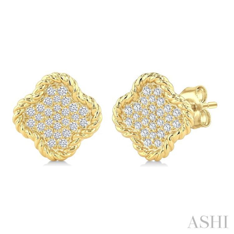 1/5 Ctw Round Cut Diamond Rope Border Clover Motif Fashion Stud Earring in 10K Yellow Gold