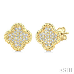 1/5 Ctw Round Cut Diamond Rope Border Clover Motif Fashion Stud Earring in 10K Yellow Gold