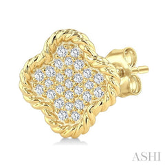 1/5 Ctw Round Cut Diamond Rope Border Clover Motif Fashion Stud Earring in 10K Yellow Gold