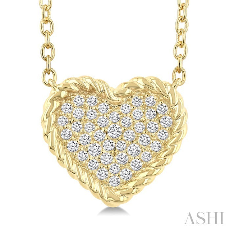 1/5 Ctw Round Cut Diamond Rope Border Heart Motif Fashion Pendant With Chain in 10K Yellow Gold