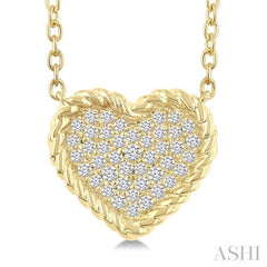 1/5 Ctw Round Cut Diamond Rope Border Heart Motif Fashion Pendant With Chain in 10K Yellow Gold