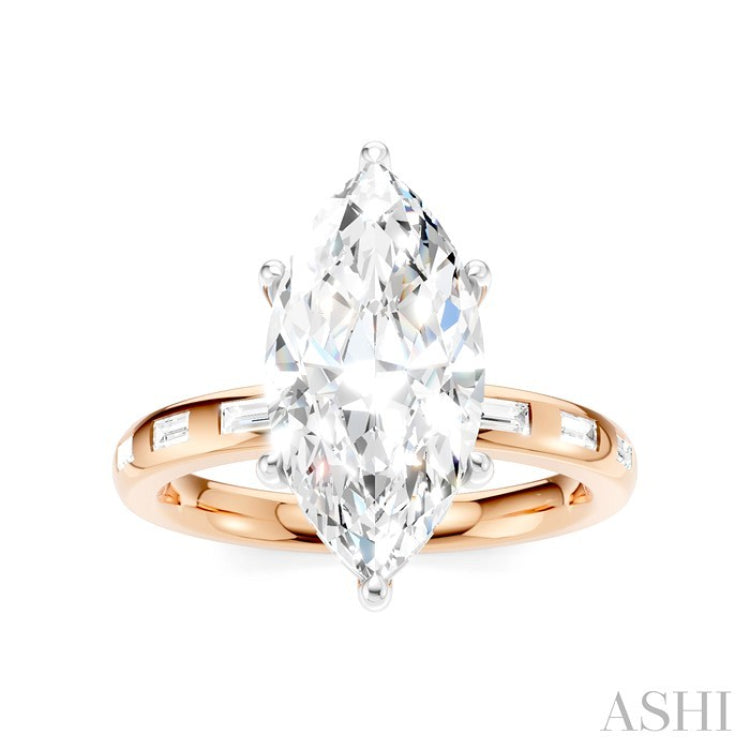 1/4 Ctw Marquise Shape Baguette and Round Cut Diamond Semi-Mount Engagement Ring in 14K Rose and White Gold