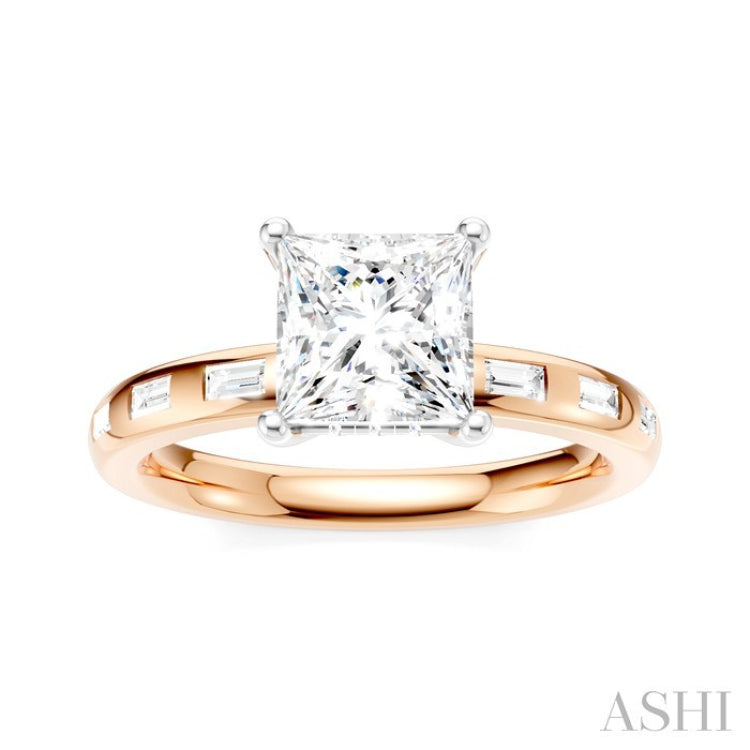 1/4 Ctw Princess Shape Baguette and Round Cut Diamond Semi-Mount Engagement Ring in 14K Rose and White Gold