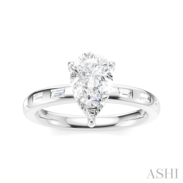1/4 Ctw Pear Shape Baguette and Round Cut Diamond Semi-Mount Engagement Ring in 14K White Gold