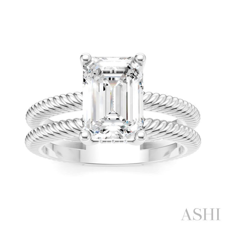 1/10 Ctw Akari Split Rope Textured Shank Emerald Shape Round Cut Diamond Semi Mount Engagement Ring in 14K White Gold