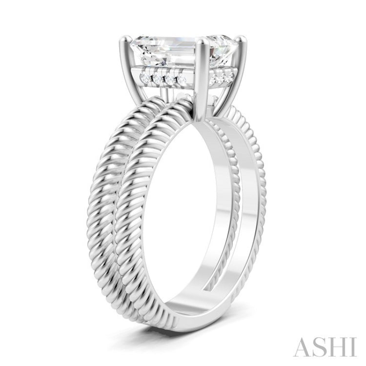 1/10 Ctw Akari Split Rope Textured Shank Emerald Shape Round Cut Diamond Semi Mount Engagement Ring in 14K White Gold
