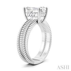 1/10 Ctw Akari Split Rope Textured Shank Emerald Shape Round Cut Diamond Semi Mount Engagement Ring in 14K White Gold