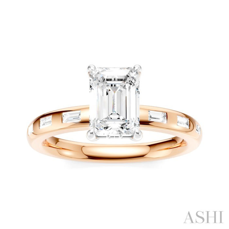1/4 Ctw Emerald Shape Baguette and Round Cut Diamond Semi-Mount Engagement Ring in 14K Rose and White Gold