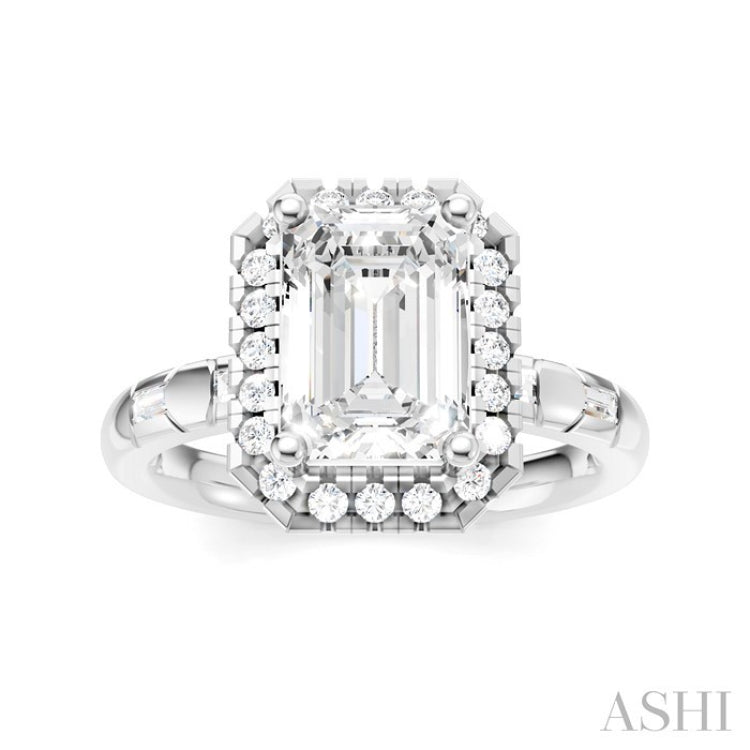 1/3 Ctw Akari Emerald Shape Baguette and Round Cut Diamond Halo Semi Mount Engagement Ring in 14K White Gold
