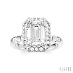 1/3 Ctw Akari Emerald Shape Baguette and Round Cut Diamond Halo Semi Mount Engagement Ring in 14K White Gold