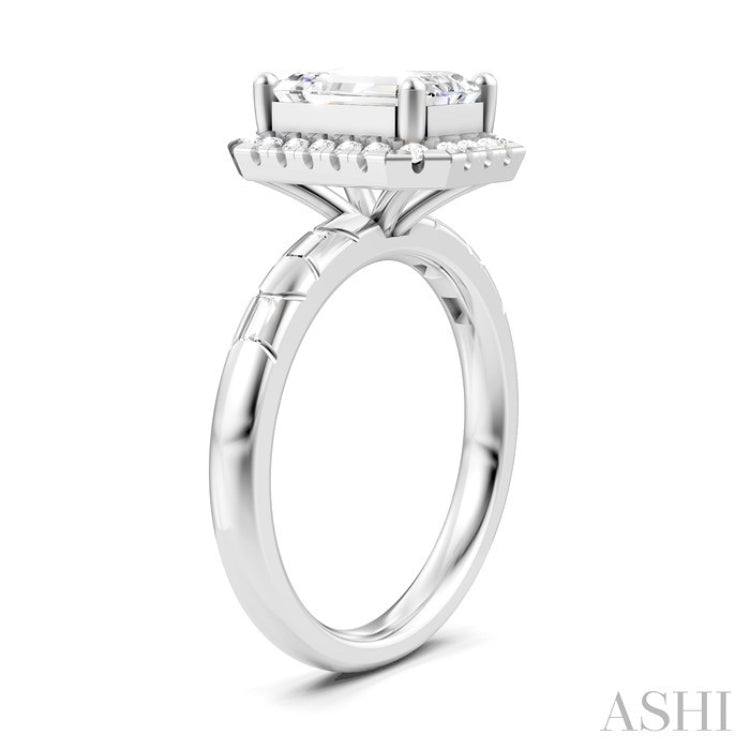 1/3 Ctw Akari Emerald Shape Baguette and Round Cut Diamond Halo Semi Mount Engagement Ring in 14K White Gold