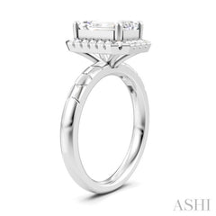 1/3 Ctw Akari Emerald Shape Baguette and Round Cut Diamond Halo Semi Mount Engagement Ring in 14K White Gold