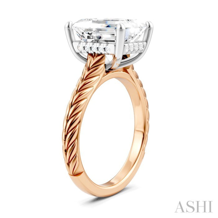1/10 Ctw Emerald Shape Round Cut Diamond Akari Wheat Shank Semi-Mount Engagement Ring in 14K Rose and White Gold