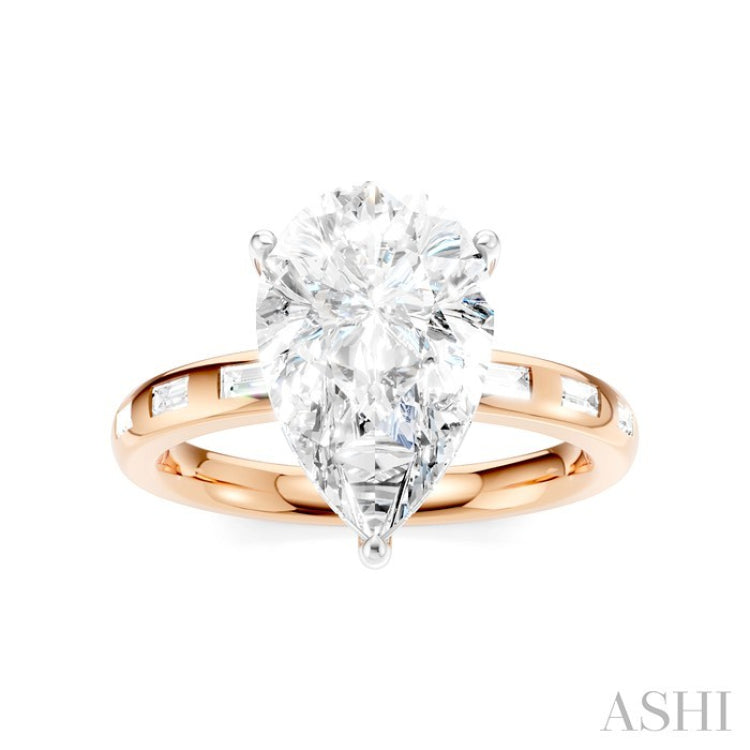 1/3 Ctw Pear Shape Baguette and Round Cut Diamond Semi-Mount Engagement Ring in 14K Rose and White Gold