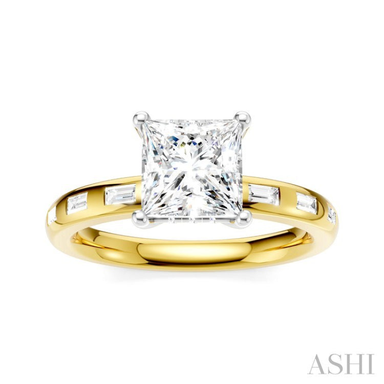 1/4 Ctw Princess Shape Baguette and Round Cut Diamond Semi-Mount Engagement Ring in 14K Yellow and White Gold