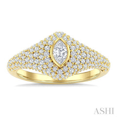 1 Ctw Pave Set Marquise Shape and Round Cut Diamond Fashion Signet Ring in 14K Yellow Gold