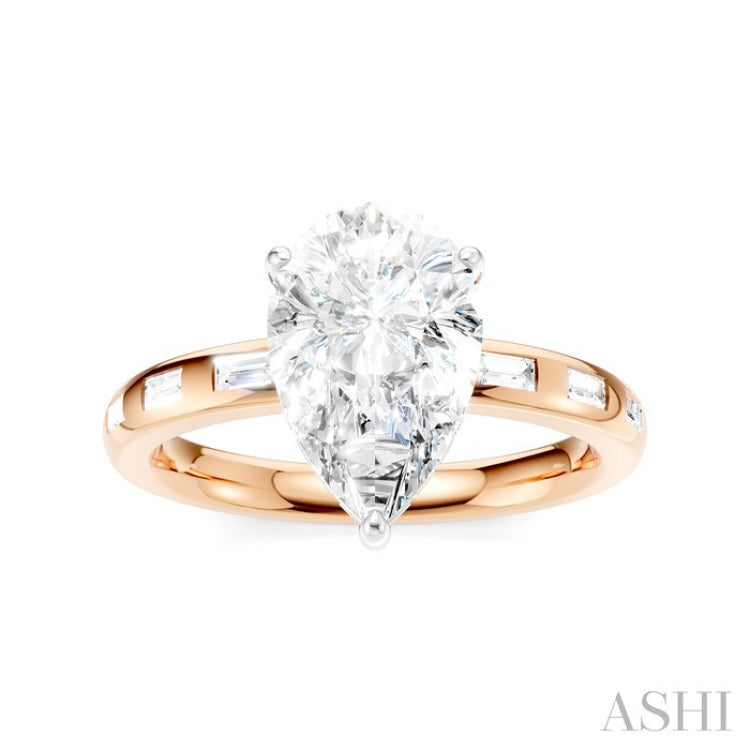 1/3 Ctw Akari Pear Shape Baguette and Round Cut Diamond Semi Mount Engagement Ring in 14K Rose and White Gold