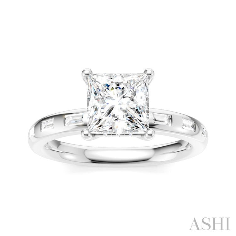 1/4 Ctw Princess Shape Baguette and Round Cut Diamond Semi-Mount Engagement Ring in 14K White Gold