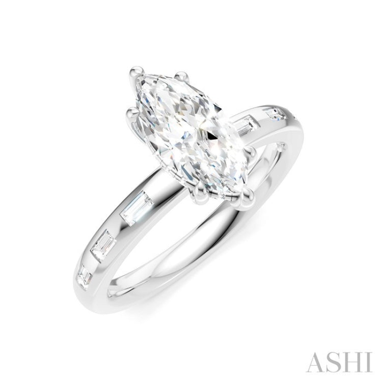 1/4 Ctw Marquise Shape Baguette and Round Cut Diamond Semi-Mount Engagement Ring in 14K White Gold