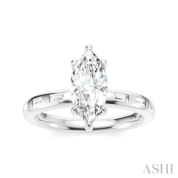 1/4 Ctw Marquise Shape Baguette and Round Cut Diamond Semi-Mount Engagement Ring in 14K White Gold