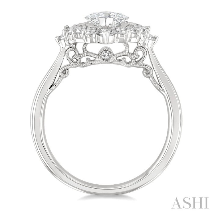 7/8 Ctw Marquise and Round Cut Diamond Halo Semi Mount Engagement Ring in 14K White Gold