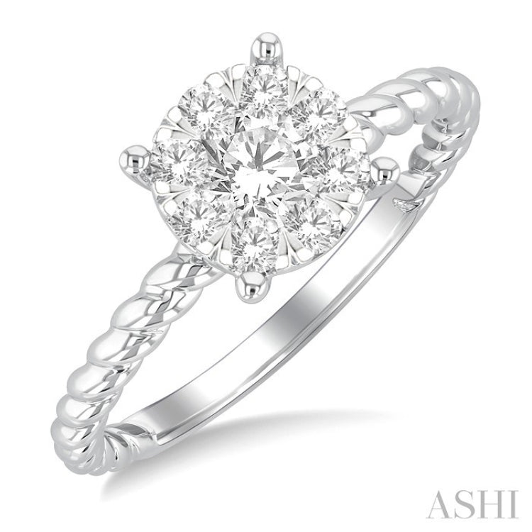1/2 Ctw Lovebright Circular Shape Rope Textured Shank Round Cut Diamond Cluster Ring in 14K White Gold